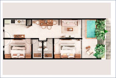 Render de Departamento de 2 recámaras Planta baja, Lock - Puerta Kaan Imagen de Departamento de 2 recámaras Planta baja, Lock - Puerta Kaan