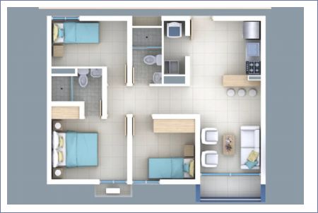 Render de Planta 58 m2 - 2 alcobas - Lotus Imagen de Planta 58 m2 - 2 alcobas - Lotus