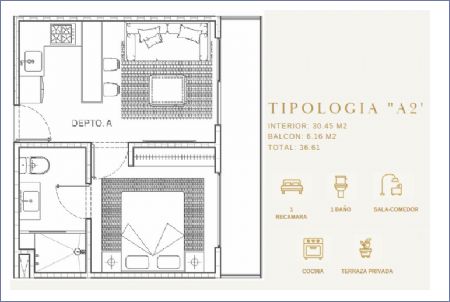 Imagen de Tipo A2: 36.61 m2 - 1 alcoba - 1 baño - Marsala